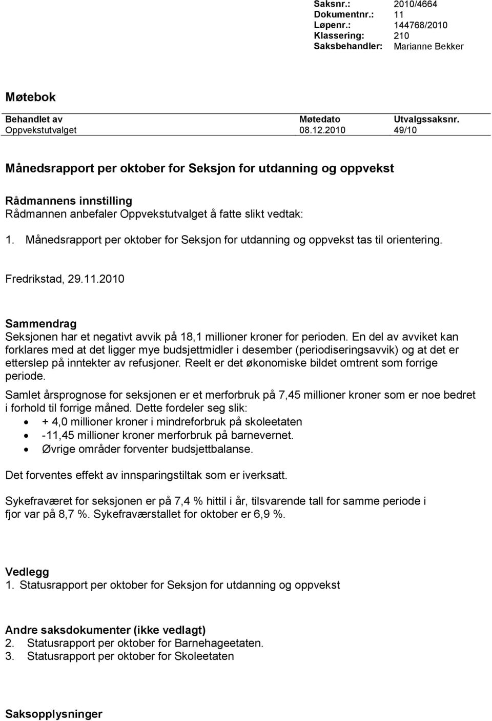 Månedsrapport per oktober for Seksjon for utdanning og oppvekst tas til orientering. Fredrikstad, 29.11.2010 Sammendrag Seksjonen har et negativt avvik på 18,1 millioner kroner for perioden.