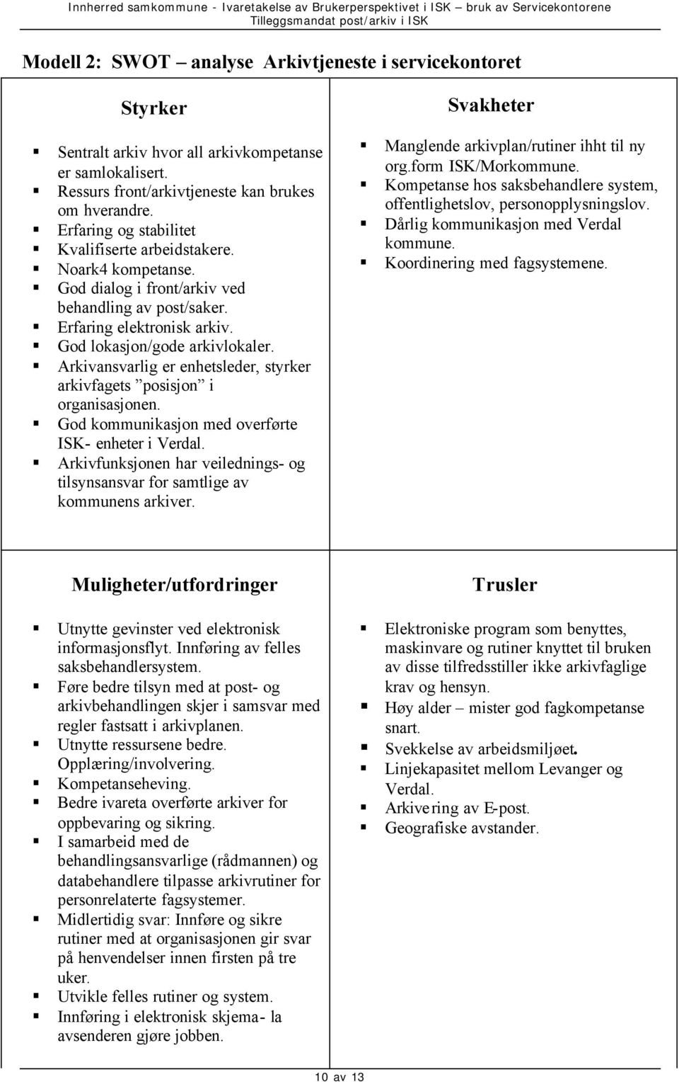 Arkivansvarlig er enhetsleder, styrker arkivfagets posisjon i organisasjonen. God kommunikasjon med overførte ISK- enheter i Verdal.