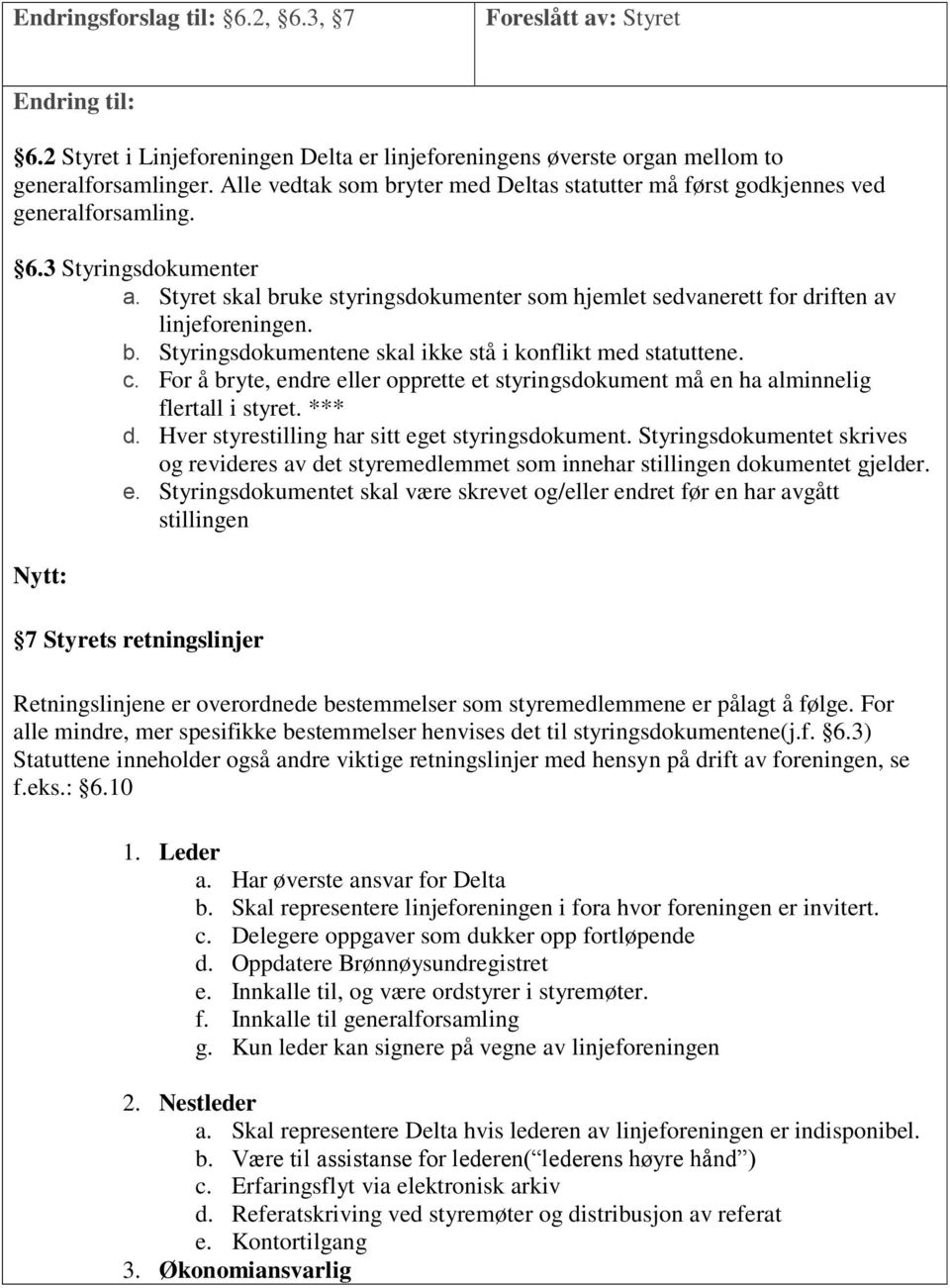 Styret skal bruke styringsdokumenter som hjemlet sedvanerett for driften av linjeforeningen. b. Styringsdokumentene skal ikke stå i konflikt med statuttene. c.