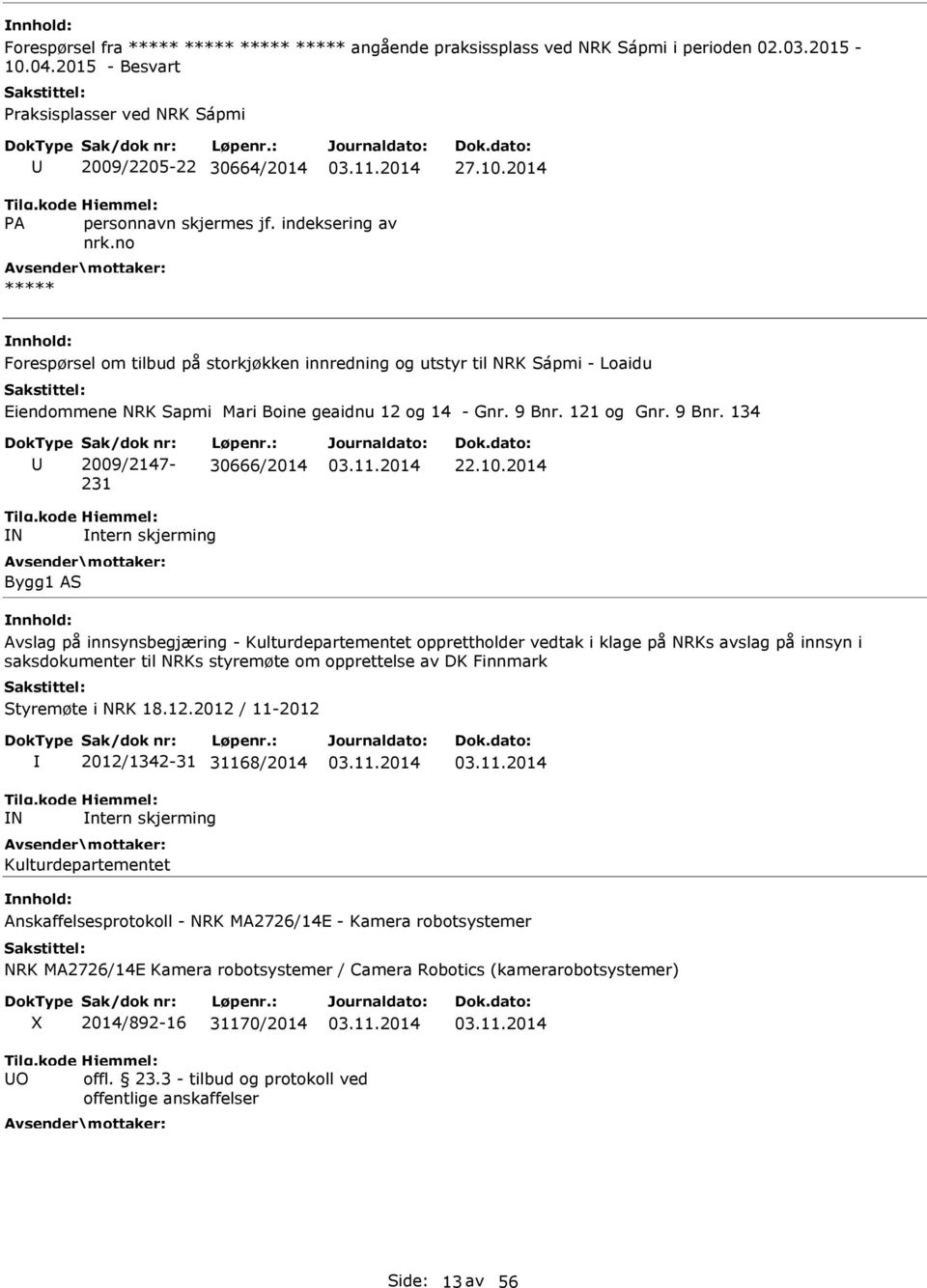 2014 >l< >l< >l< >l< >l< Forespørsel om tilbud på storkjøkken innredning og utstyr til NRK Sápmi - Loaidu Eiendommene NRK Sapmi Mari Boine geaidnu 12 og 14 - Gnr. 9 Bnr. 121 og Gnr. 9 Bnr. 134 U 2009/2147-30666/2014 03.