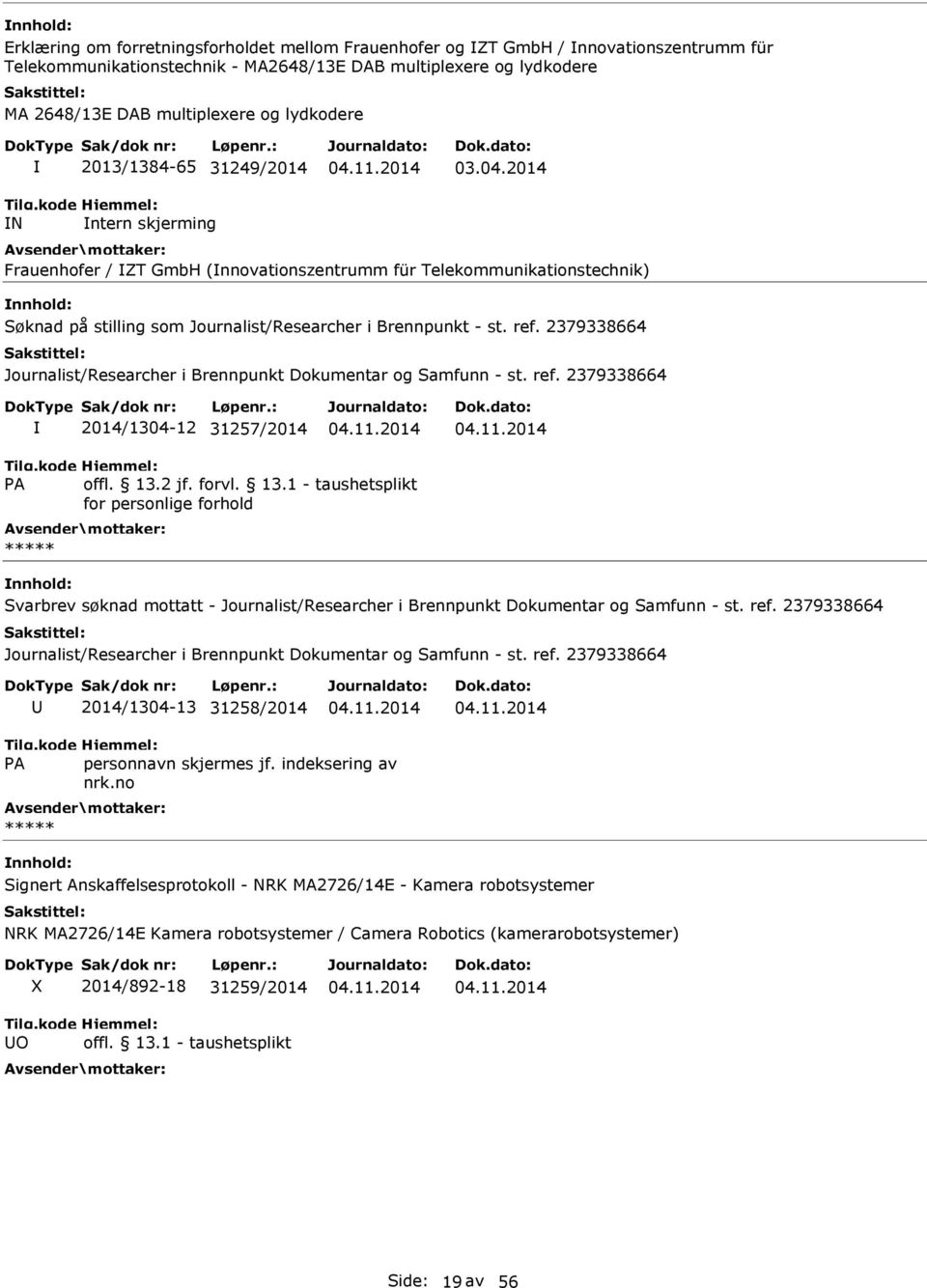 11.2014 03.04.2014 Frauenhofer / IZT GmbH (Innovationszentrumm für Telekommunikationstechnik) Søknad på stilling som Journalist/Researcher i Brennpunkt - st. ref.