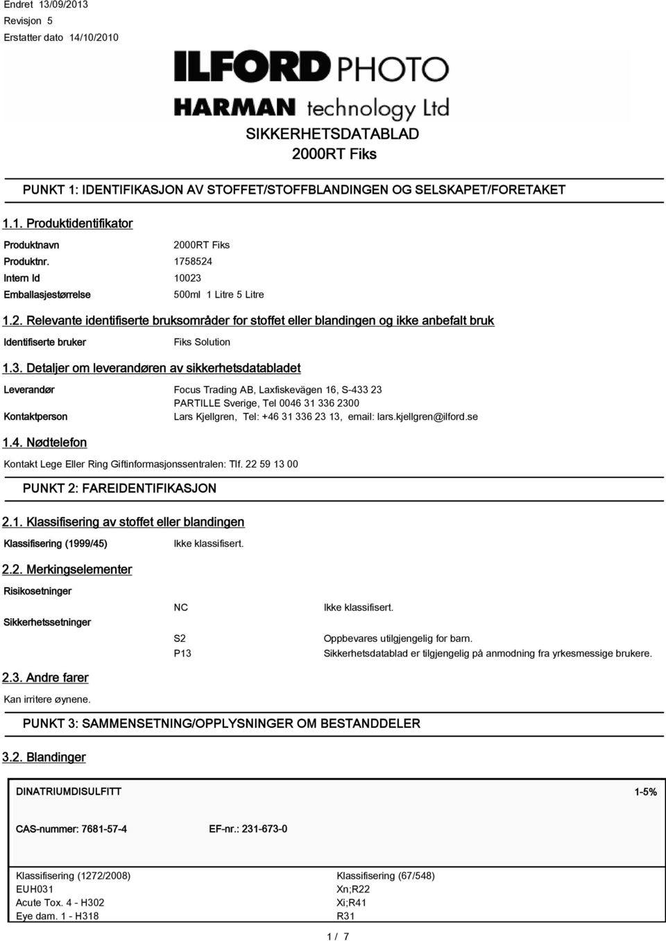 Emballasjestørrelse 500ml 1 Litre 5 Litre 1.2. Relevante identifiserte bruksområder for stoffet eller blandingen og ikke anbefalt bruk Identifiserte bruker Fiks Solution 1.3.