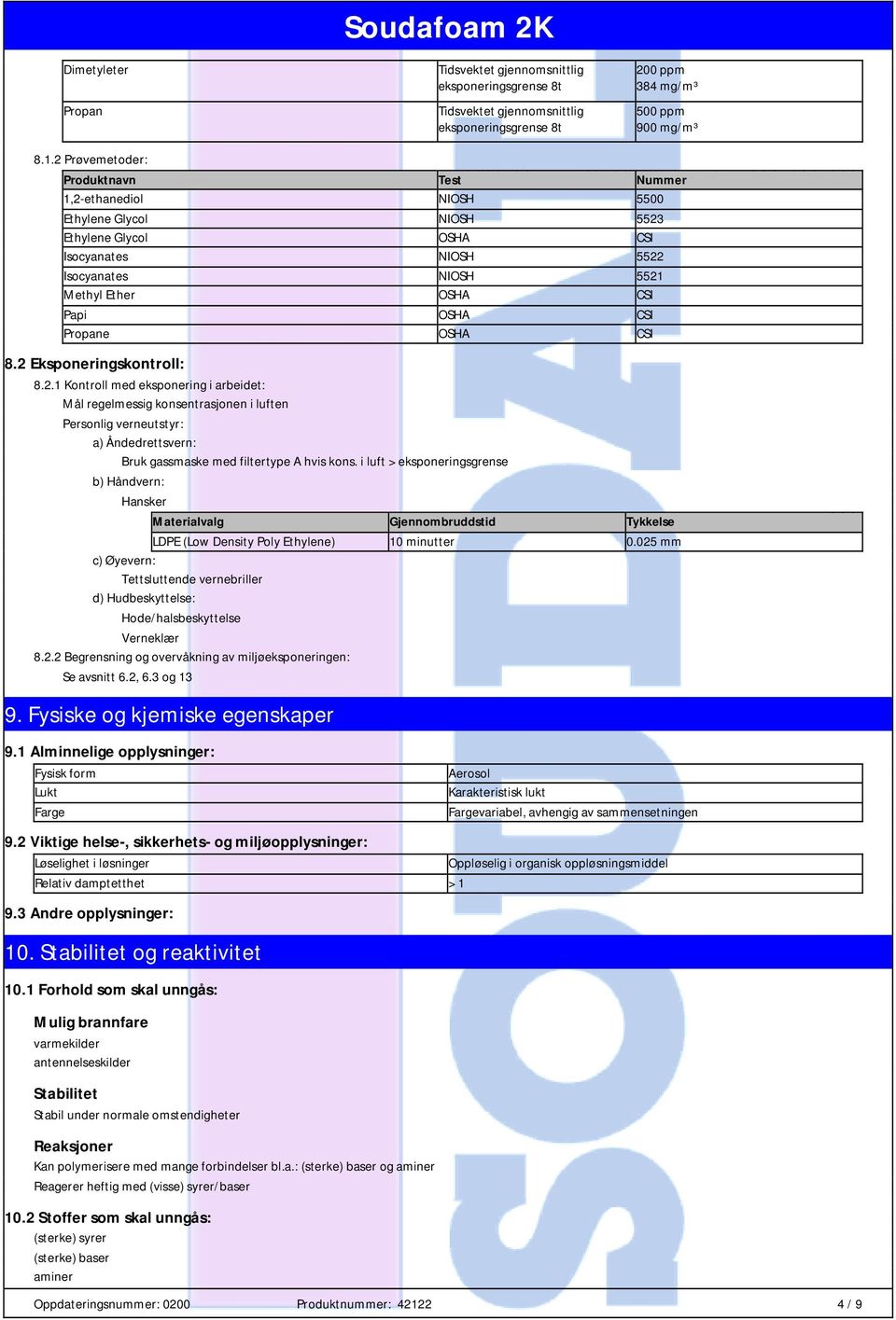 Propane OSHA CSI 8.2 Eksponeringskontroll: 8.2.1 Kontroll med eksponering i arbeidet: Mål regelmessig konsentrasjonen i luften Personlig verneutstyr: a) Åndedrettsvern: Bruk gassmaske med filtertype A hvis kons.