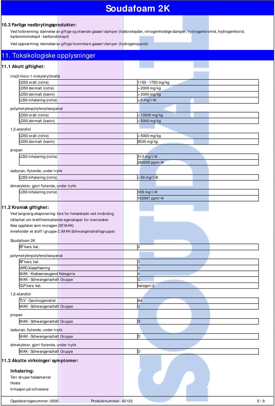 1 Akutt giftighet: tris(2-kloro-1-metyletyl)fosfat LD50 oralt (rotte) LD50 dermalt (rotte) LD50 dermalt (kanin) LC50 inhalering (rotte) polymetylenpolyfenylisocyanat LD50 oralt (rotte) LD50 dermalt