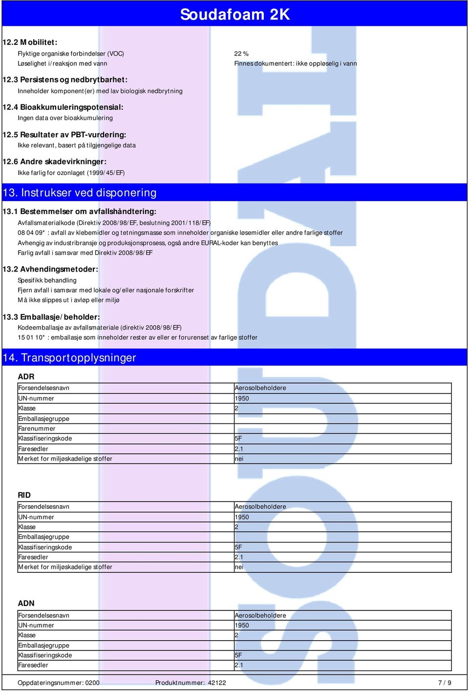 5 Resultater av PBT-vurdering: Ikke relevant, basert på tilgjengelige data 12.6 Andre skadevirkninger: Ikke farlig for ozonlaget (1999/45/EF) 13. Instrukser ved disponering 13.