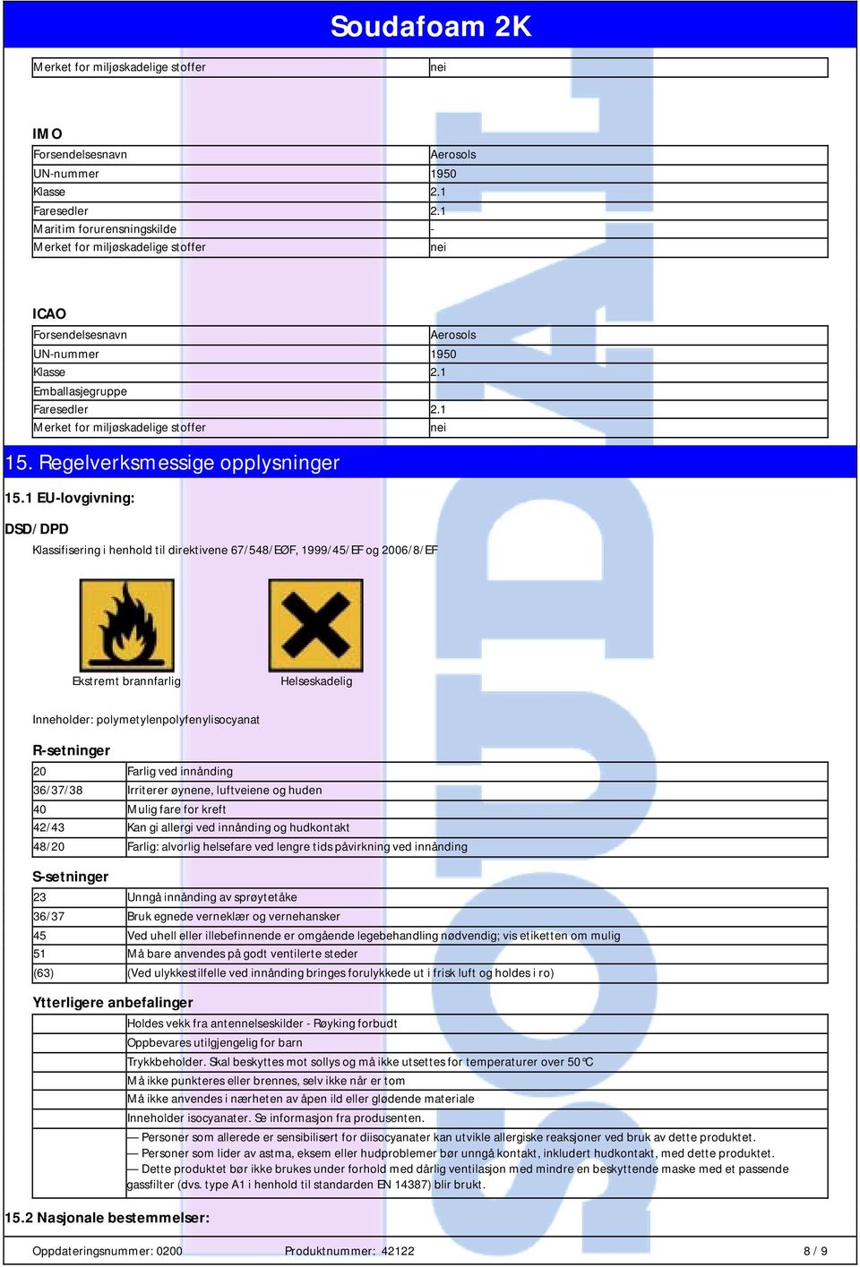 Farlig ved innånding 36/37/38 Irriterer øynene, luftveiene og huden 40 Mulig fare for kreft 42/43 Kan gi allergi ved innånding og hudkontakt 48/20 Farlig: alvorlig helsefare ved lengre tids