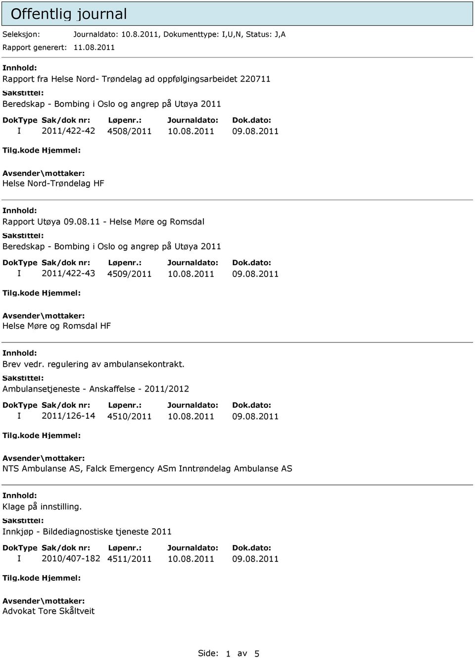 2011 Helse Nord-Trøndelag HF nnhold: Rapport Utøya 09.08.11 - Helse Møre og Romsdal 2011/422-43 4509/2011 Helse Møre og Romsdal HF nnhold: Brev vedr.