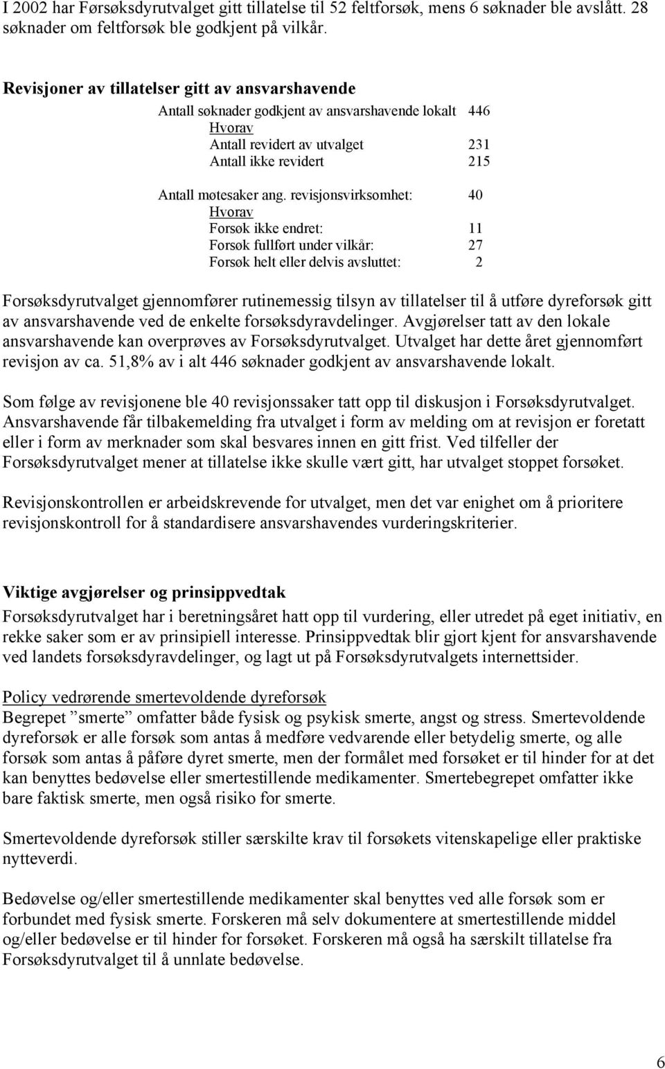 revisjonsvirksomhet: 40 Forsøk ikke endret: 11 Forsøk fullført under vilkår: 27 Forsøk helt eller delvis avsluttet: 2 Forsøksdyrutvalget gjennomfører rutinemessig tilsyn av tillatelser til å utføre