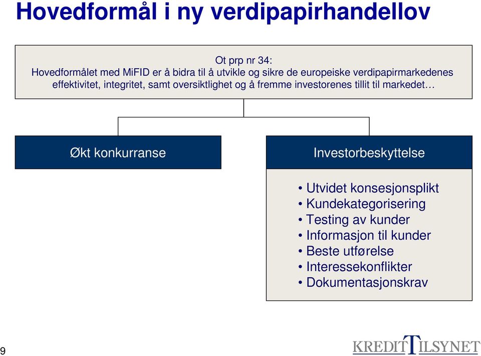 investorenes tillit til markedet Økt konkurranse Investorbeskyttelse Utvidet konsesjonsplikt