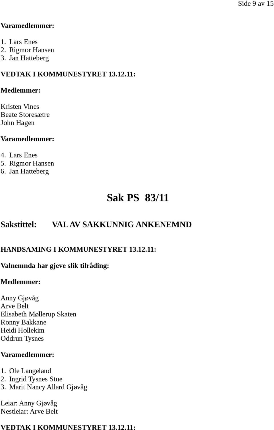Jan Hatteberg Sak PS 83/11 VAL AV SAKKUNNIG ANKENEMND HANDSAMING I KOMMUNESTYRET 13.12.