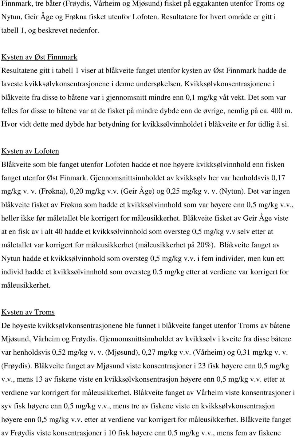 Kysten av Øst Finnmark Resultatene gitt i tabell 1 viser at blåkveite fanget utenfor kysten av Øst Finnmark hadde de laveste kvikksølvkonsentrasjonene i denne undersøkelsen.