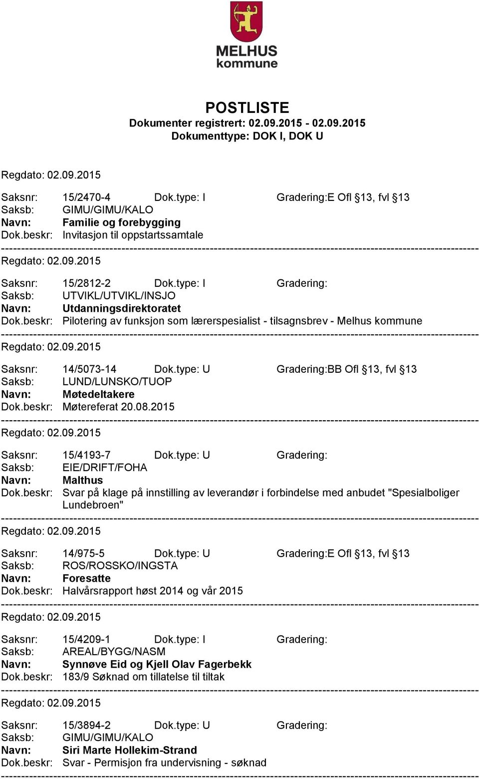 type: U Gradering:BB Ofl 13, fvl 13 Saksb: LUND/LUNSKO/TUOP Dok.beskr: Møtereferat 20.08.2015 Saksnr: 15/4193-7 Dok.type: U Gradering: Saksb: EIE/DRIFT/FOHA Navn: Malthus Dok.