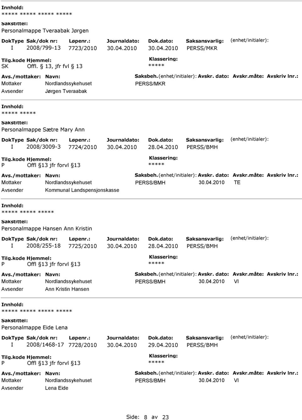 : ERSS/BMH TE Kommunal Landspensjonskasse ersonalmappe Hansen Ann Kristin 2008/255-18 7725/2010 ERSS/BMH Avs./mottaker: Navn: Saksbeh. Avskr. dato: Avskr.