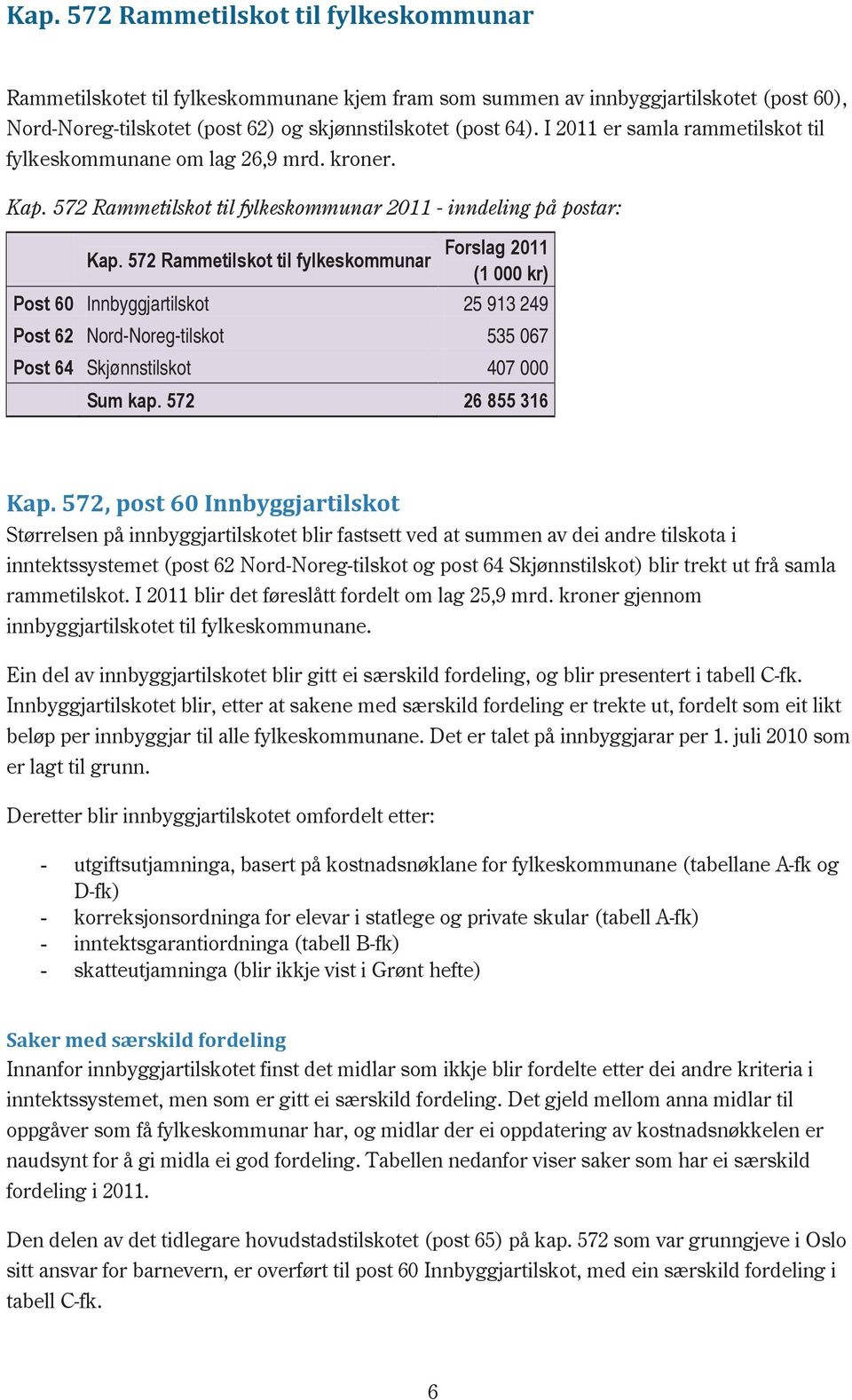 572 Rammetilskot til fylkeskommunar (1 000 kr) Post 60 Innbyggjartilskot 25 913 249 Post 62 Nord-Noreg-tilskot 535 067 Post 64 Skjønnstilskot 407 000 Sum kap. 572 26 855 316 Kap.