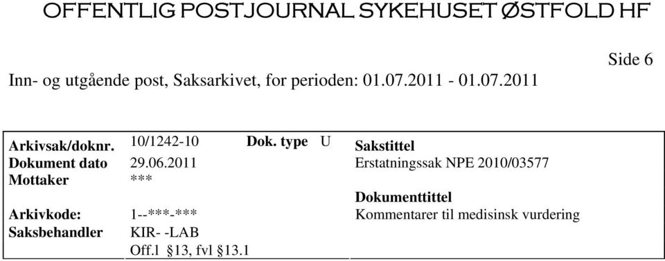 type U Sakstittel Erstatningssak NPE