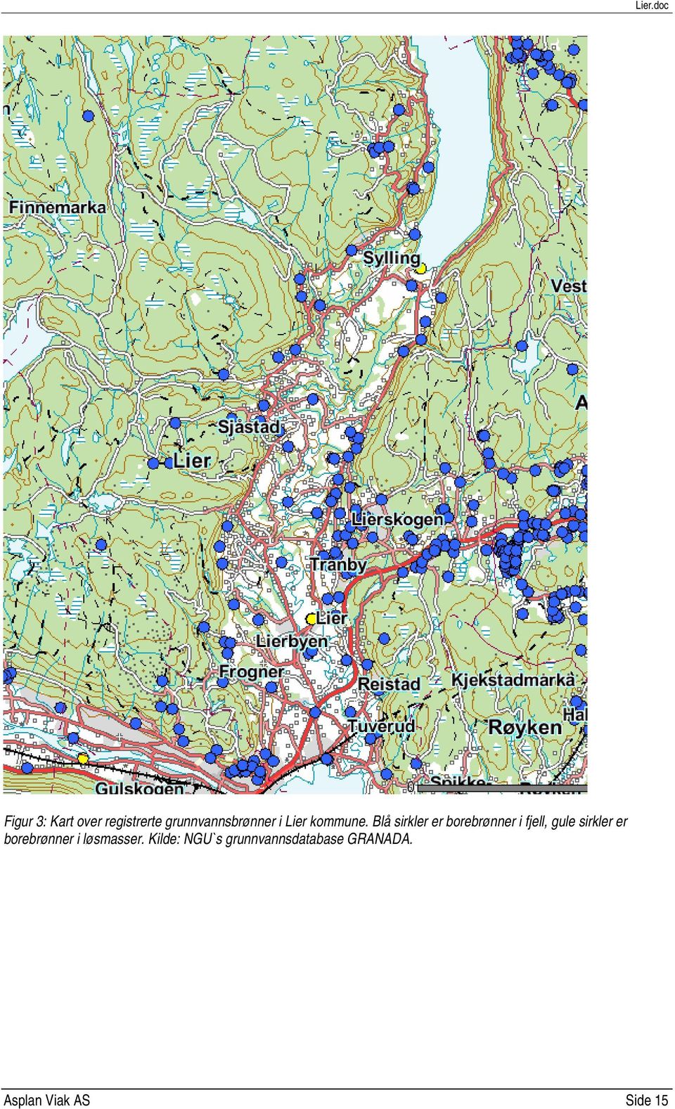 Blå sirkler er borebrønner i fjell, gule sirkler er