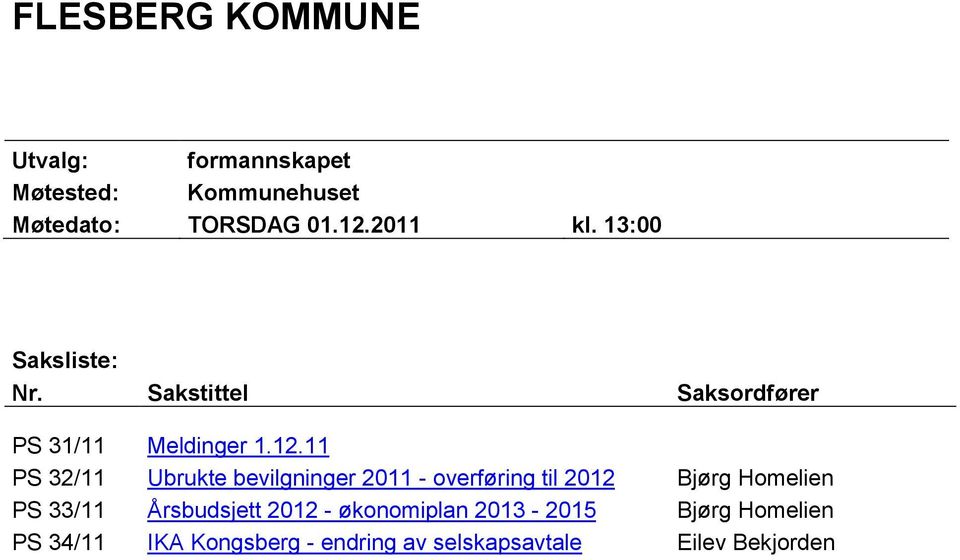 11 PS 32/11 Ubrukte bevilgninger 2011 - overføring til 2012 Bjørg Homelien PS 33/11
