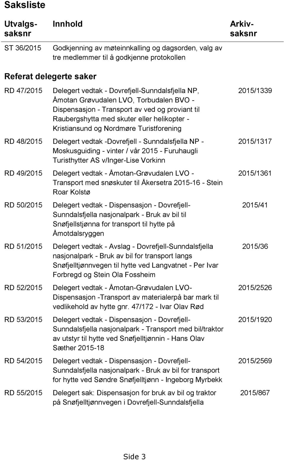 Turistforening RD 48/2015 Delegert vedtak -Dovrefjell - Sunndalsfjella NP - Moskusguiding - vinter / vår 2015 - Furuhaugli Turisthytter AS v/inger-lise Vorkinn RD 49/2015 Delegert vedtak -