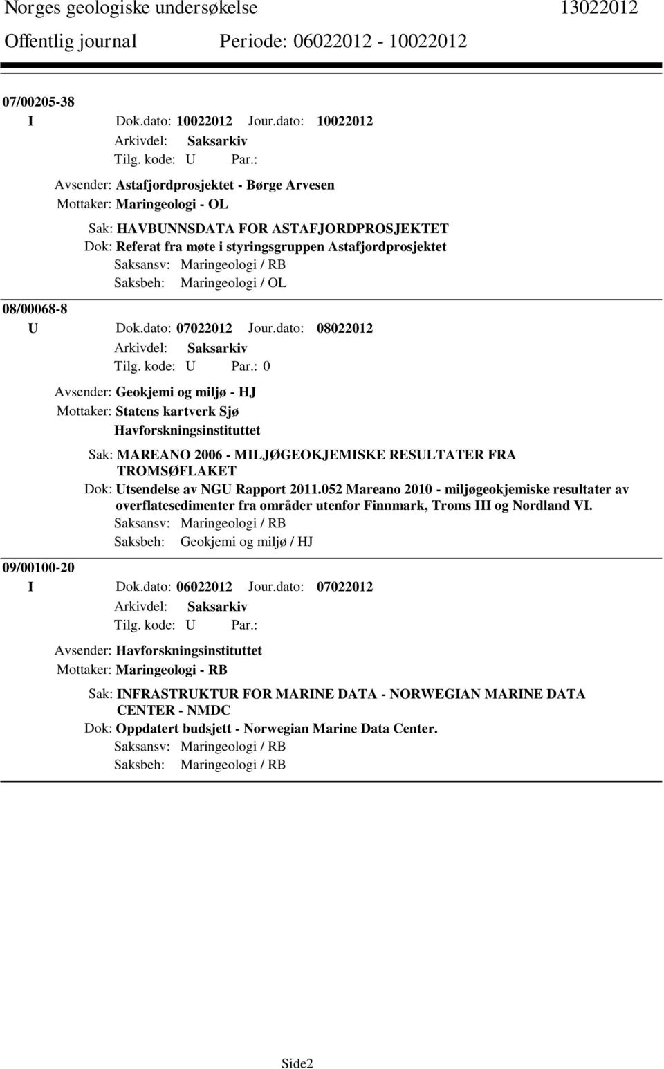 Saksansv: Maringeologi / RB Saksbeh: Maringeologi / OL 08/00068-8 U Dok.dato: 07022012 Jour.