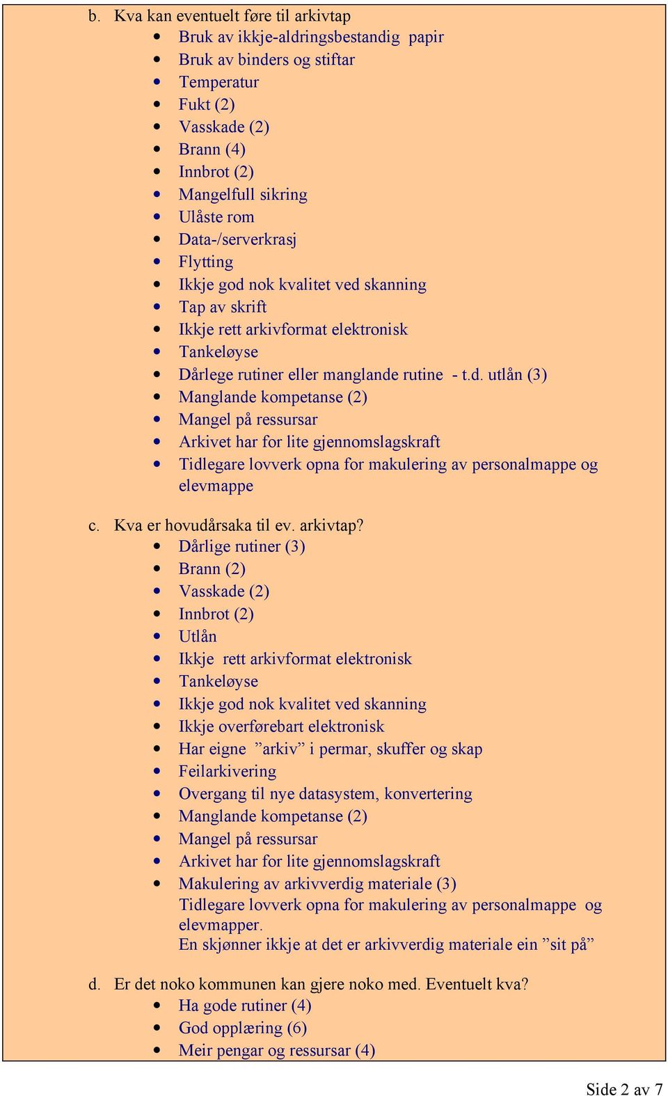 nok kvalitet ved skanning Tap av skrift Ikkje rett arkivformat elektronisk Tankeløyse Dårlege rutiner eller manglande rutine - t.d. utlån (3) Manglande kompetanse (2) Mangel på ressursar Arkivet har for lite gjennomslagskraft Tidlegare lovverk opna for makulering av personalmappe og elevmappe c.