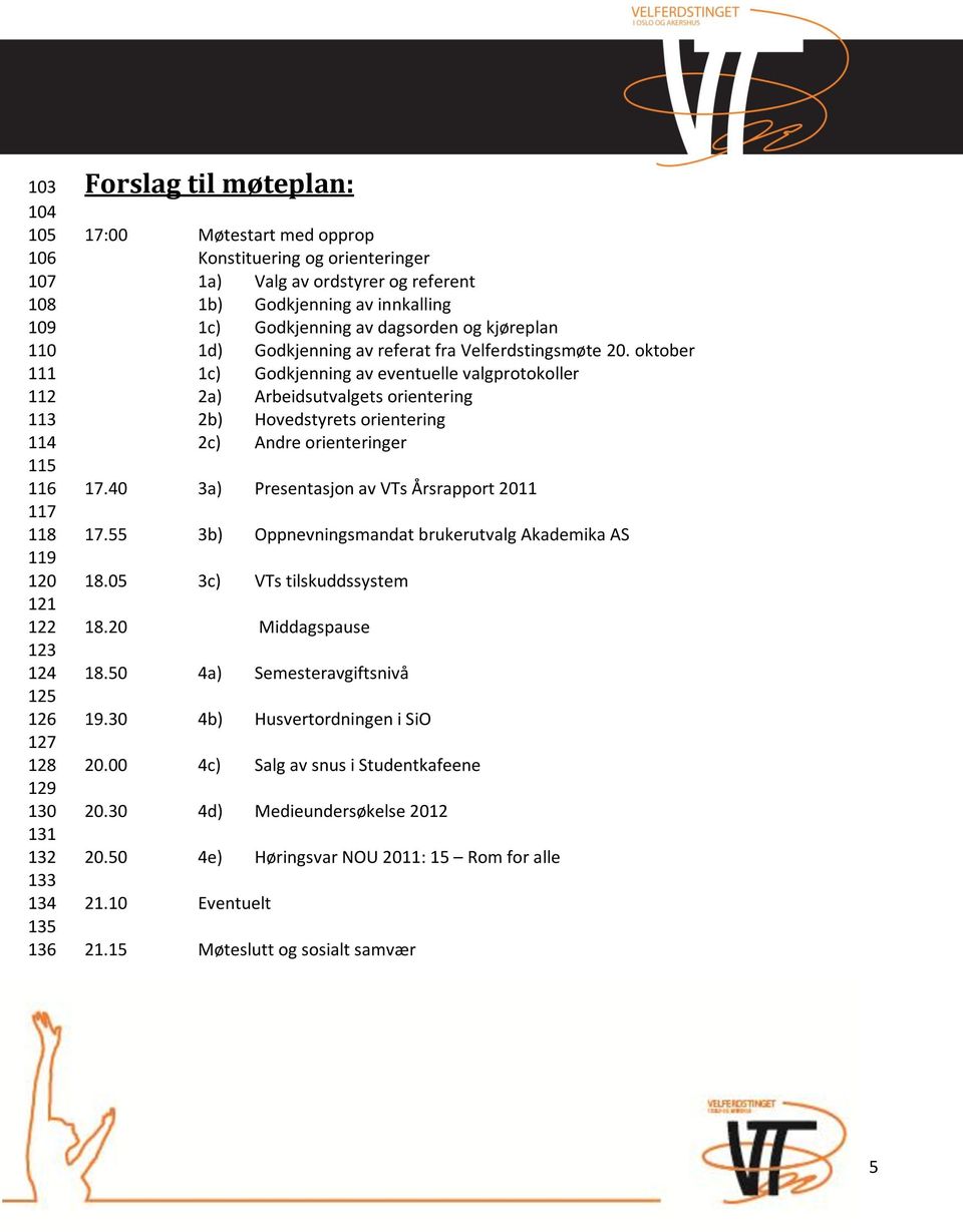 oktober 1c) Godkjenning av eventuelle valgprotokoller 2a) Arbeidsutvalgets orientering 2b) Hovedstyrets orientering 2c) Andre orienteringer 17.40 3a) Presentasjon av VTs Årsrapport 2011 17.