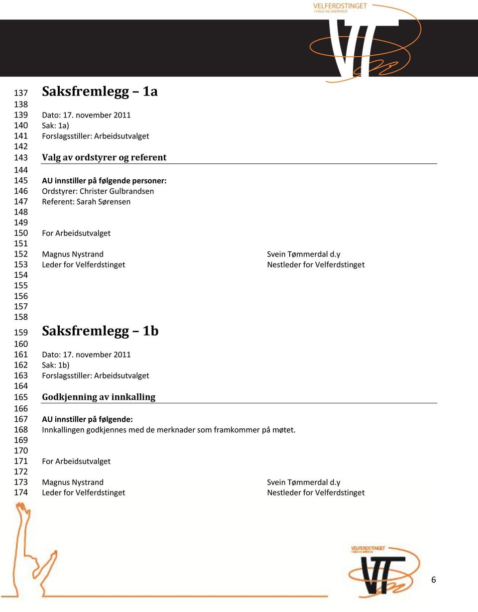 Arbeidsutvalget Magnus Nystrand Svein Tømmerdal d.y Leder for Velferdstinget Nestleder for Velferdstinget Saksfremlegg 1b Dato: 17.