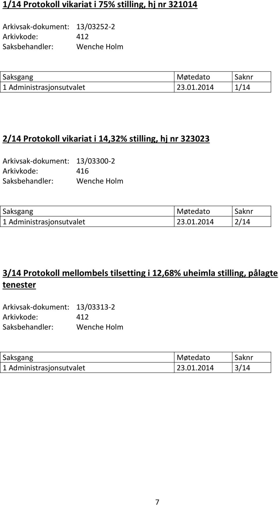 2014 1/14 2/14 Protokoll vikariat i 14,32% stilling, hj nr 323023 Arkivsak-dokument: 13/03300-2 Arkivkode: 416 Saksbehandler: Wenche