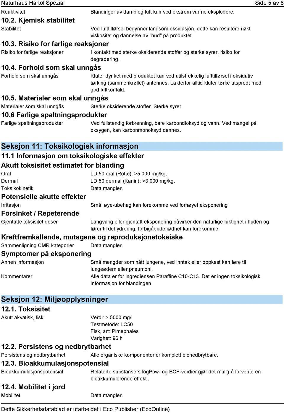 Ved lufttilførsel begynner langsom oksidasjon, dette kan resultere i økt viskositet og dannelse av "hud" på produktet. I kontakt med sterke oksiderende stoffer og sterke syrer, risiko for degradering.