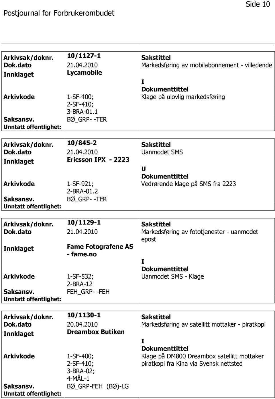 2 Vedrørende klage på SMS fra 2223 BØ_GRP- -TER Arkivsak/doknr. 10/1129-1 Sakstittel Dok.dato 21.04.2010 Markedsføring av fototjenester - uanmodet epost nnklaget Fame Fotografene AS - fame.