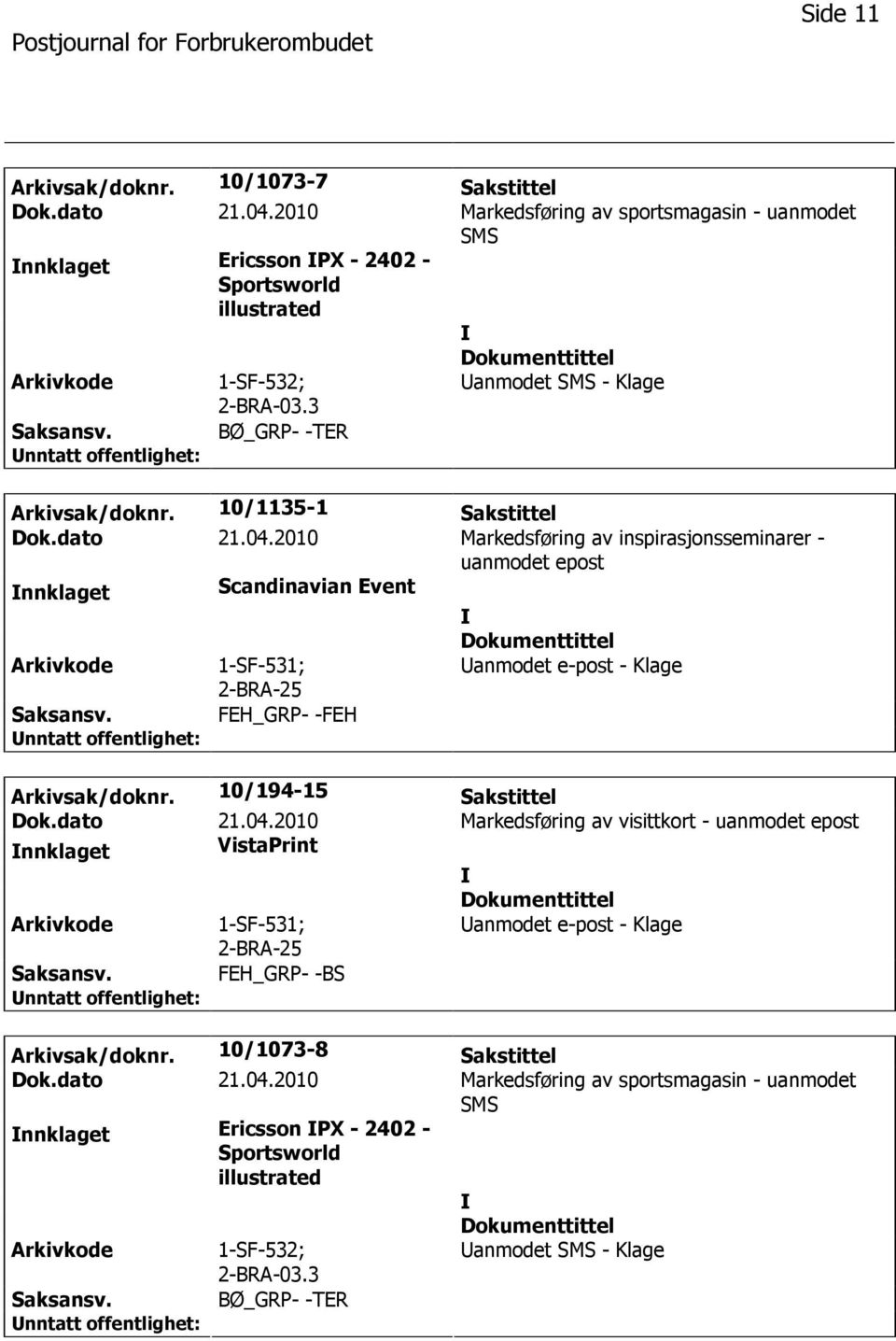 2010 Markedsføring av inspirasjonsseminarer - uanmodet epost nnklaget Scandinavian Event anmodet e-post - Klage Arkivsak/doknr. 10/194-15 Sakstittel Dok.dato 21.04.