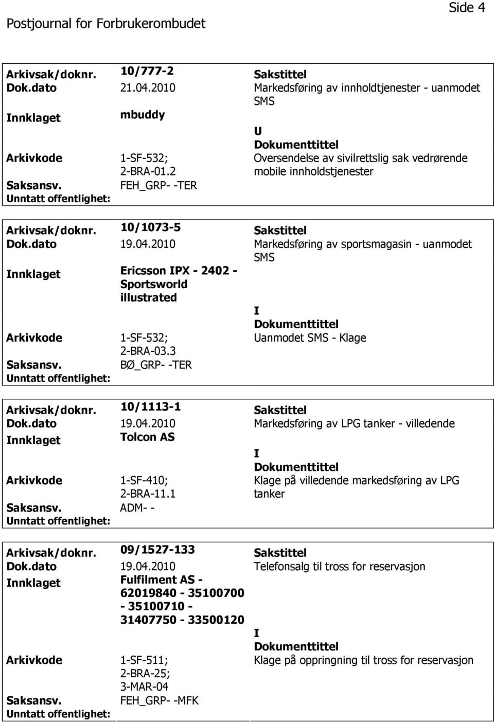 2010 Markedsføring av sportsmagasin - uanmodet SMS nnklaget Ericsson PX - 2402 - Sportsworld illustrated 1-SF-532; 2-BRA-03.3 anmodet SMS - Klage BØ_GRP- -TER Arkivsak/doknr. 10/1113-1 Sakstittel Dok.