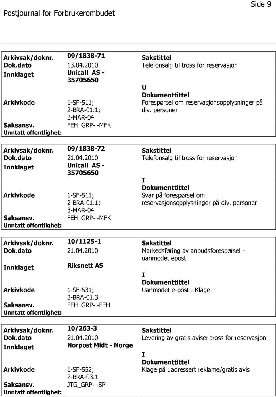 1; 3-MAR-04 FEH_GRP- -MFK Svar på forespørsel om reservasjonsopplysninger på div. personer Arkivsak/doknr. 10/1125-1 Sakstittel Dok.dato 21.04.2010 Markedsføring av anbudsforespørsel - uanmodet epost nnklaget Riksnett AS 2-BRA-01.