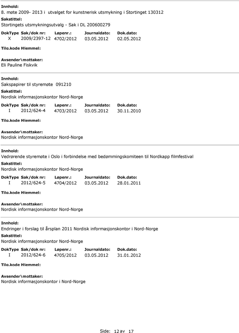 2010 Vedrørende styremøte i Oslo i forbindelse med bedømmingskomiteen til Nordkapp filmfestival 2012/624-5 4704/2012 28.01.2011 Endringer i forslag til årsplan 2011 Nordisk informasjonskontor i Nord-Norge 2012/624-6 4705/2012 31.