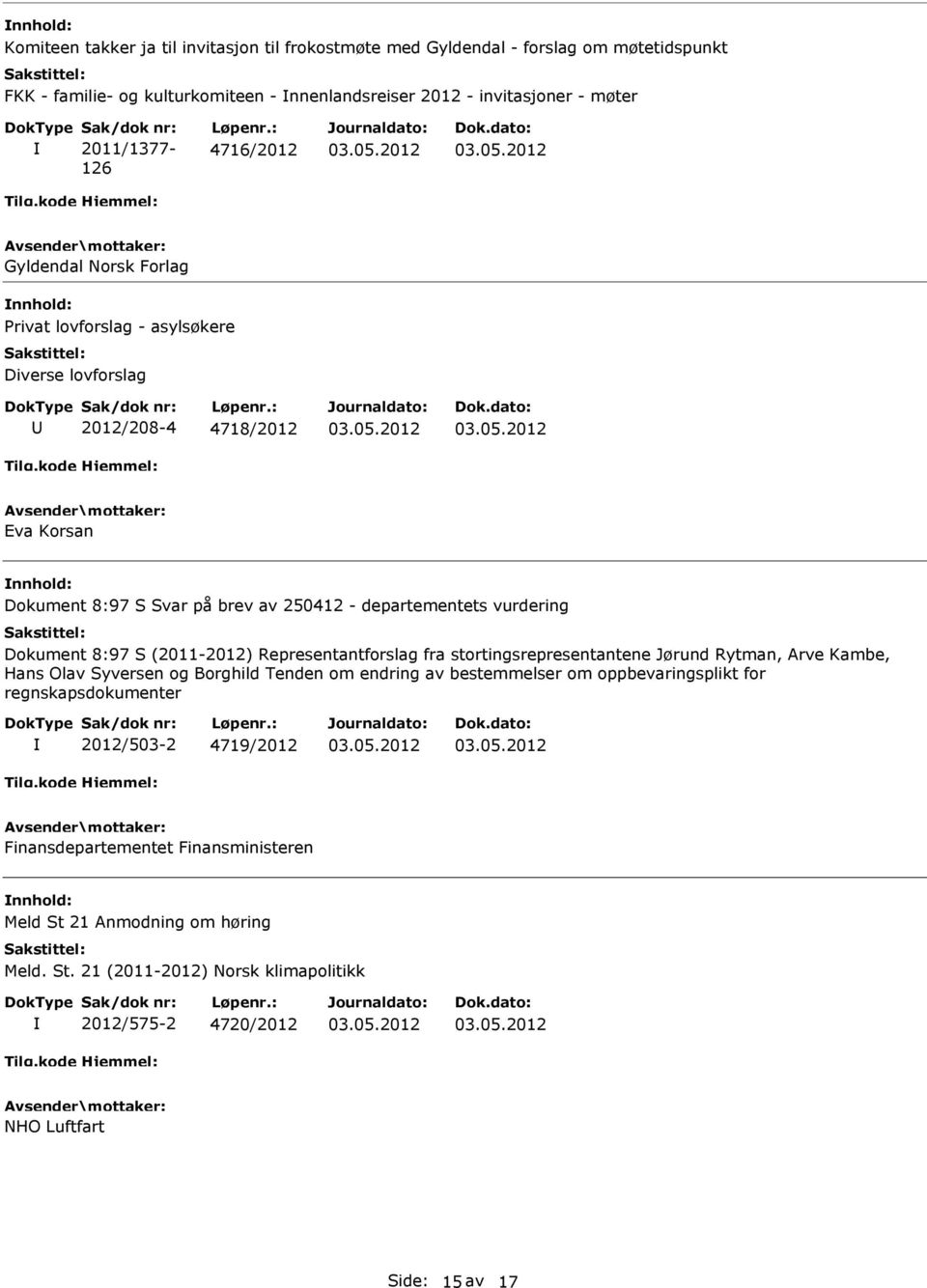 : 4716/2012 Gyldendal Norsk Forlag Privat lovforslag - asylsøkere Diverse lovforslag 2012/208-4 4718/2012 Eva Korsan Dokument 8:97 S Svar på brev av 250412 - departementets vurdering Dokument