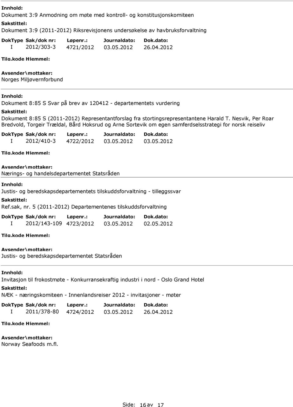 Nesvik, Per Roar Bredvold, Torgeir Trældal, Bård Hoksrud og Arne Sortevik om egen samferdselsstrategi for norsk reiseliv 2012/410-3 4722/2012 Nærings- og handelsdepartementet Statsråden Justis- og