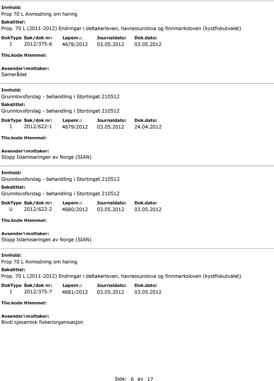 210512 Grunnlovsforslag - behandling i Stortinget 210512 2012/622-1 4679/2012 24.04.