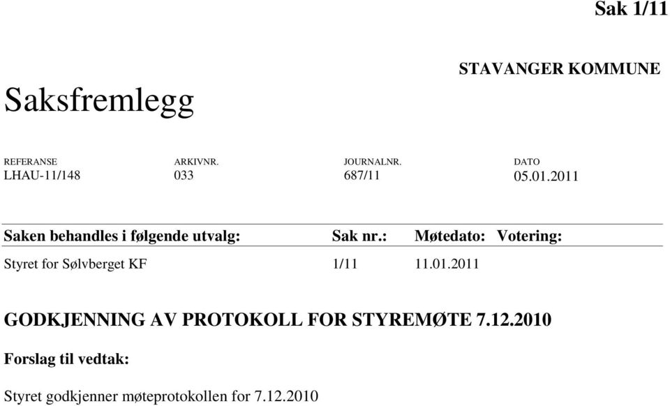 : Møtedato: Votering: Styret for Sølvberget KF 1/11 11.01.