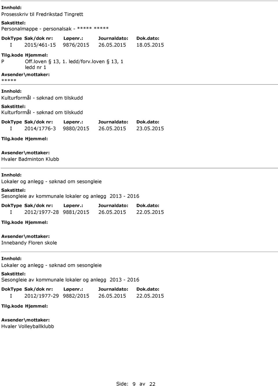 2015 Hvaler Badminton Klubb Lokaler og anlegg - søknad om sesongleie Sesongleie av kommunale lokaler og anlegg 2013-2016 2012/1977-28