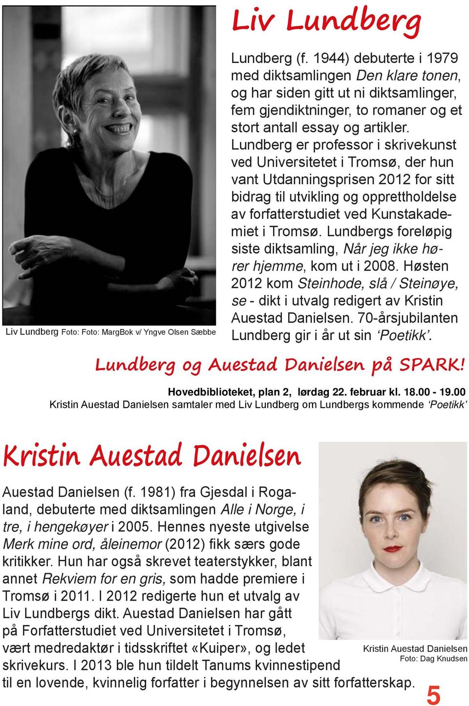 Lundberg er professor i skrivekunst ved Universitetet i Tromsø, der hun vant Utdanningsprisen 2012 for sitt bidrag til utvikling og opprettholdelse av forfatterstudiet ved Kunstakademiet i Tromsø.