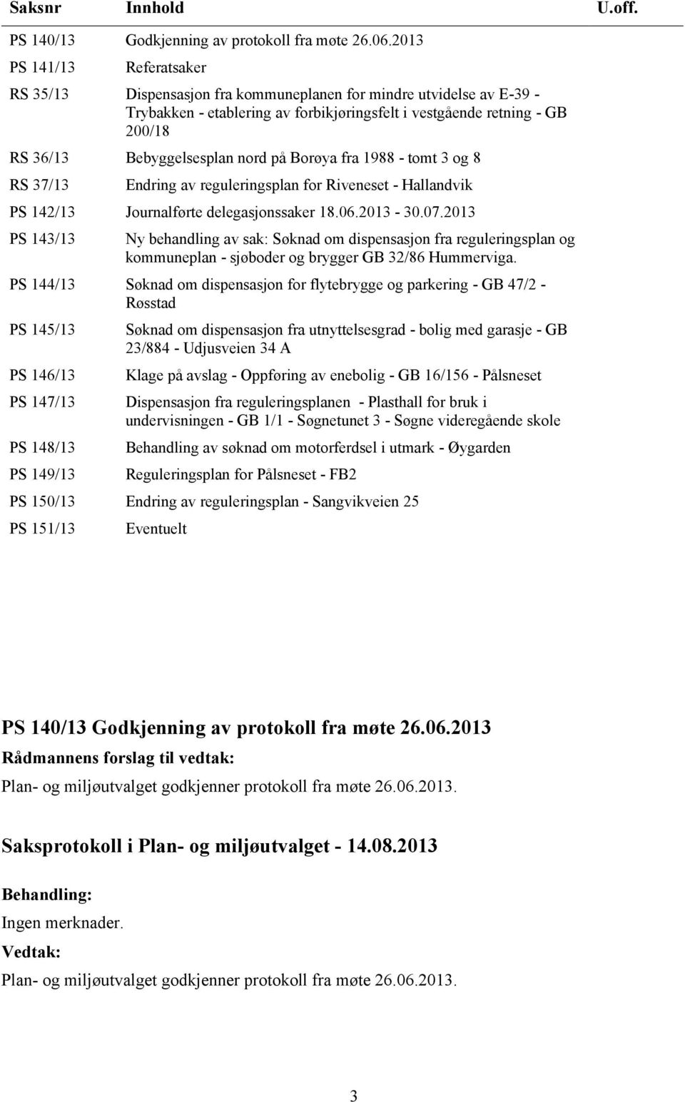 Bebyggelsesplan nord på Borøya fra 1988 - tomt 3 og 8 RS 37/13 Endring av reguleringsplan for Riveneset - Hallandvik PS 142/13 Journalførte delegasjonssaker 18.06.2013-30.07.