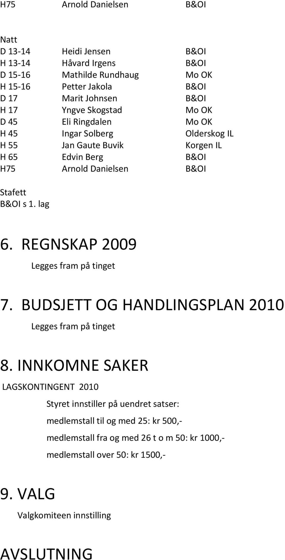 B&OI s 1. lag 6. REGNSKAP 2009 Legges fram på tinget 7. BUDSJETT OG HANDLINGSPLAN 2010 Legges fram på tinget 8.