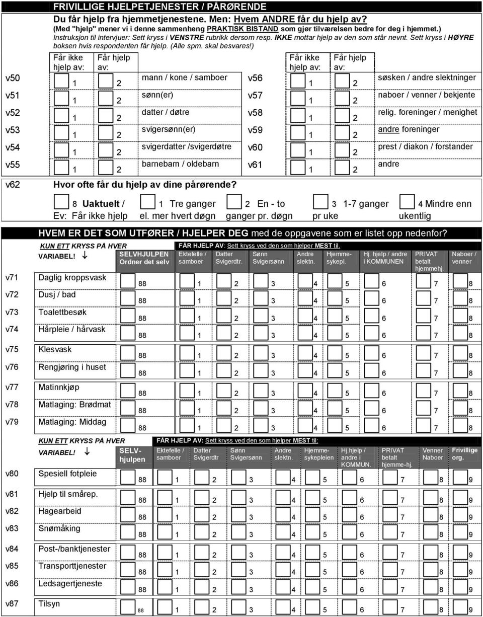 IKKE mottar hjelp av den som står nevnt. Sett kryss i HØYRE boksen hvis respondenten får hjelp. (Alle spm. skal besvares!