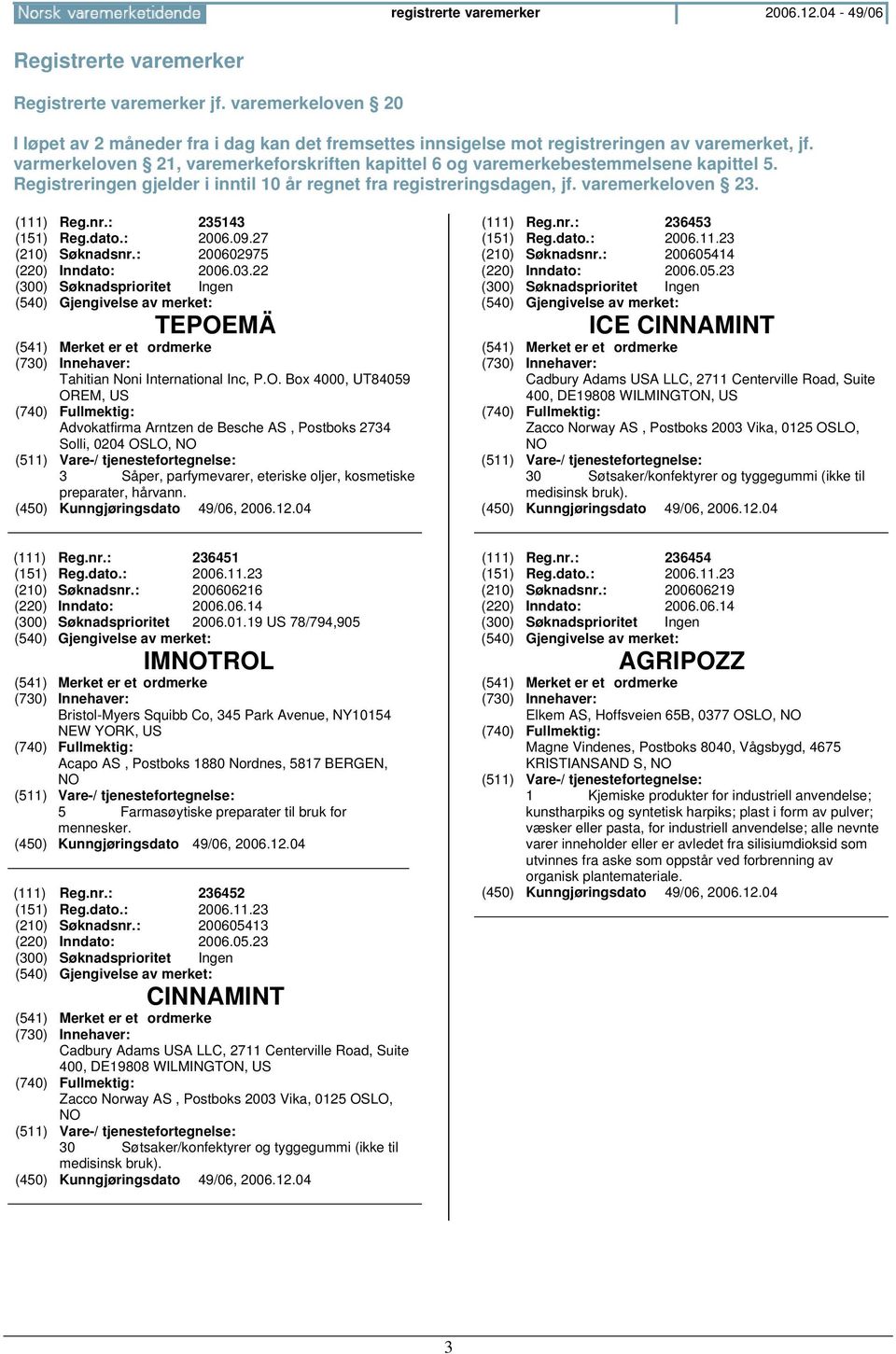 varmerkeloven 21, varemerkeforskriften kapittel 6 og varemerkebestemmelsene kapittel 5. Registreringen gjelder i inntil 10 år regnet fra registreringsdagen, jf. varemerkeloven 23. (111) Reg.nr.