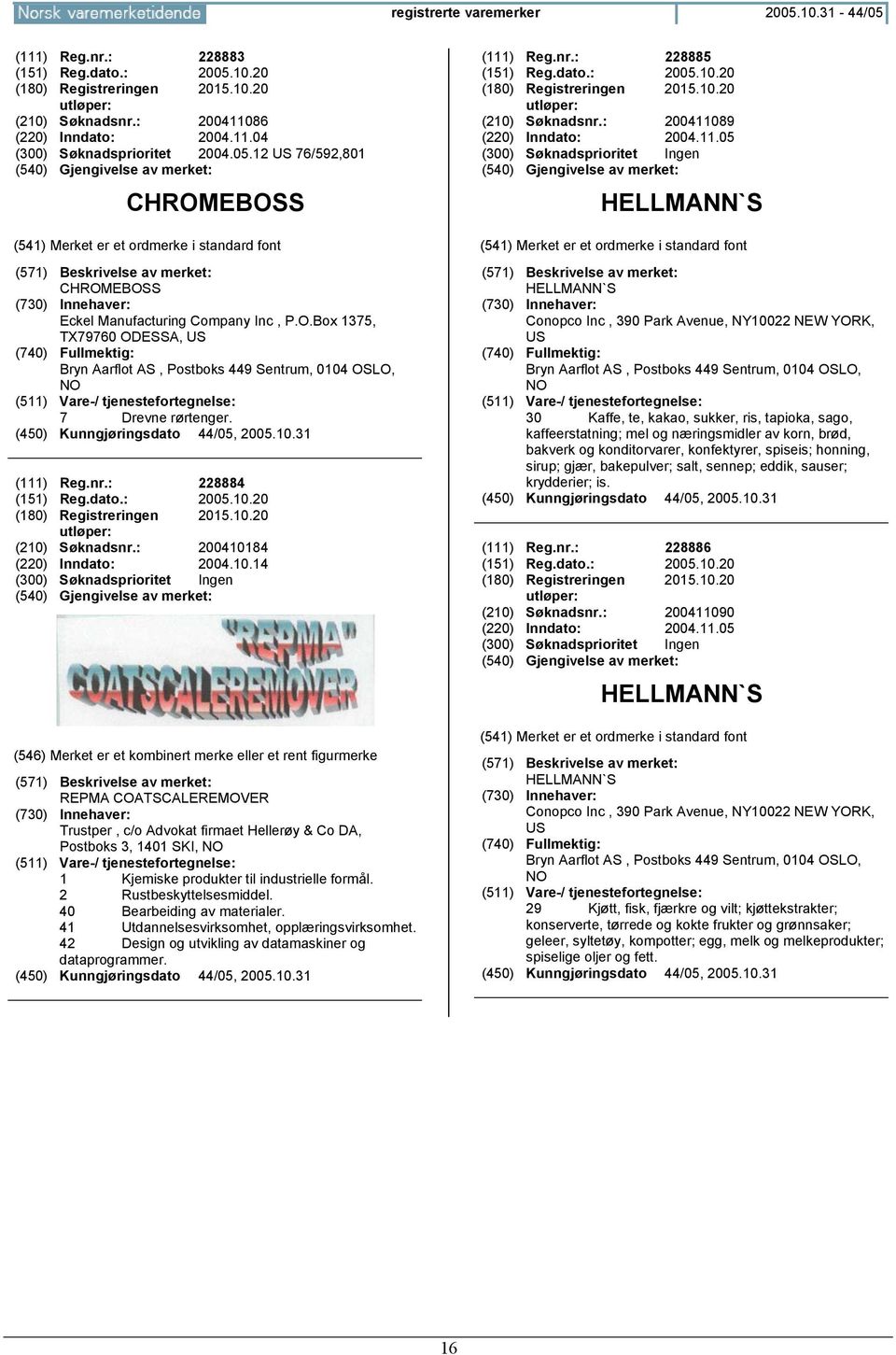 : 228884 (151) Reg.dato.: 2005.10.20 (180) Registreringen 2015.10.20 (210) Søknadsnr.: 200410184 (220) Inndato: 2004.10.14 REPMA COATSCALEREMOVER Trustper, c/o Advokat firmaet Hellerøy & Co DA, Postboks 3, 1401 SKI, NO 1 Kjemiske produkter til industrielle formål.