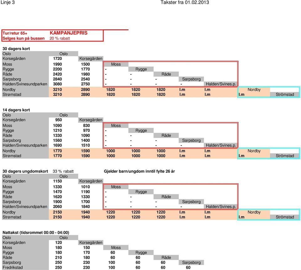 I.m I.m Strømstad 3210 2890 1820 1820 1820 I.m I.m I.m 14 dagers kort 950 Moss 1090 830 Moss 1210 970-1330 1090 - - 1560 1400 - - - Halden/Svinesundparken 1690 1510 - - - - 1770 1590 1000 1000 1000 I.