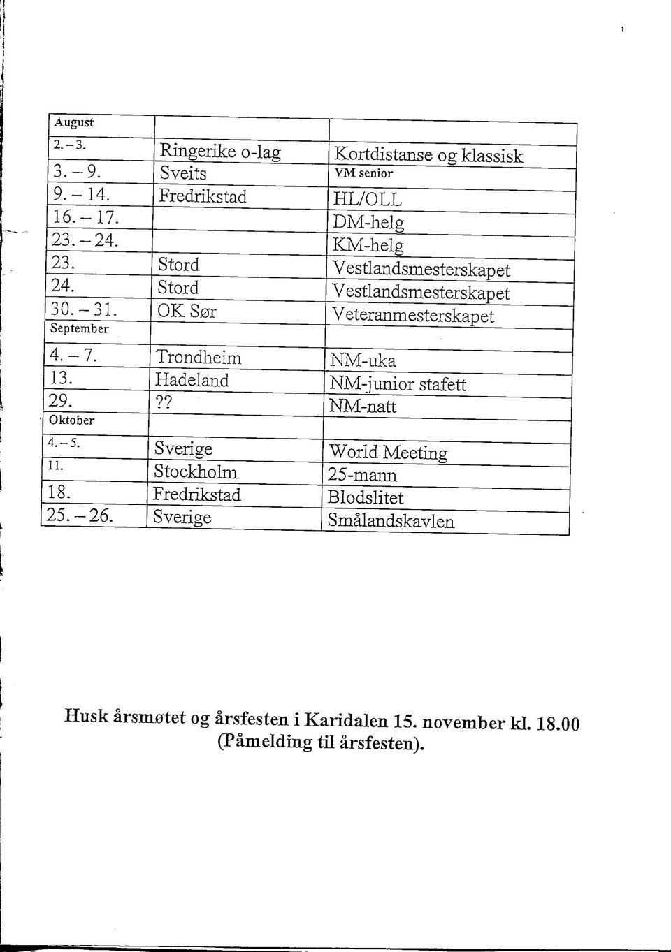 Trondheim NM-uka 13. Hadeland NM-junior stafett 29.?? NM-natt Okfober 4.-5. Sverige World Meeting 11. Stockholm 25-mann 18.