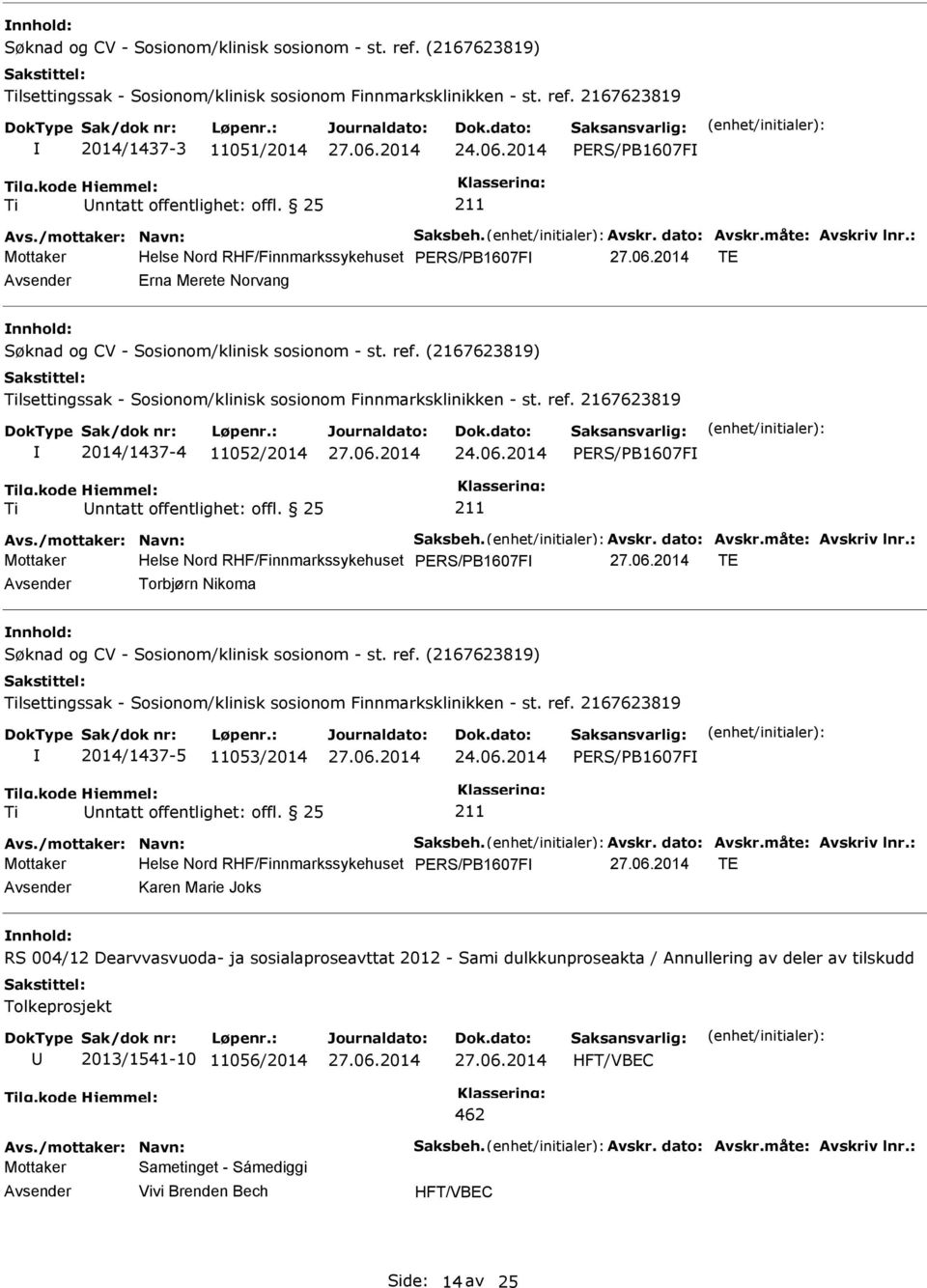 (2167623819) Tilsettingssak - Sosionom/klinisk sosionom Finnmarksklinikken - st. ref. 2167623819 2014/1437-4 11052/2014 24.06.2014 PERS/PB1607F Ti nntatt offentlighet: offl.