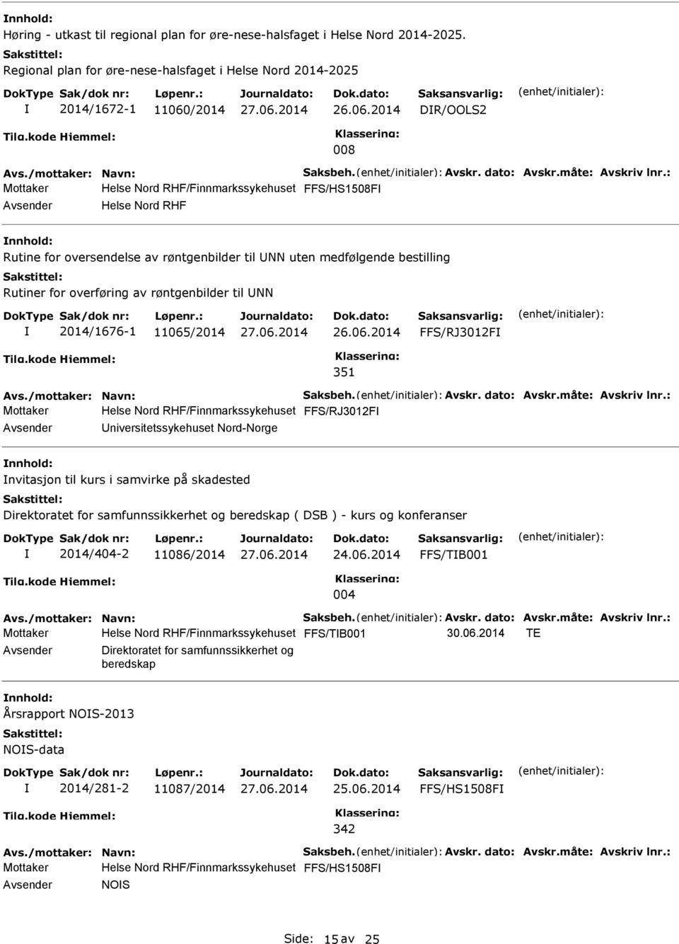 2014 DR/OOLS2 008 Helse Nord RHF/Finnmarkssykehuset FFS/HS1508F Helse Nord RHF Rutine for oversendelse av røntgenbilder til NN uten medfølgende bestilling Rutiner for overføring av røntgenbilder til