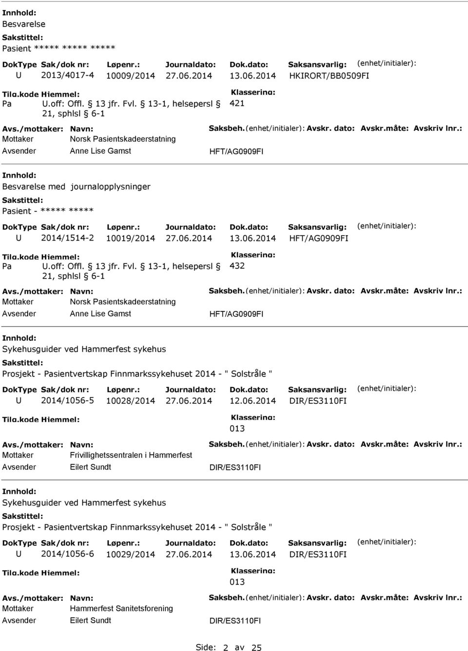 13-1, helsepersl 432 Norsk sientskadeerstatning Anne Lise Gamst HFT/AG0909F Sykehusguider ved Hammerfest sykehus Prosjekt - sientvertskap Finnmarkssykehuset 2014 - " Solstråle " 2014/1056-5