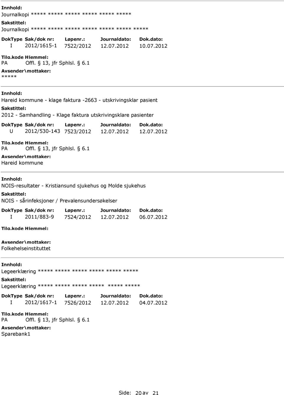 Hareid kommune NOS-resultater - Kristiansund sjukehus og Molde sjukehus NOS - sårinfeksjoner / Prevalensundersøkelser 2011/883-9 7524/2012 06.07.